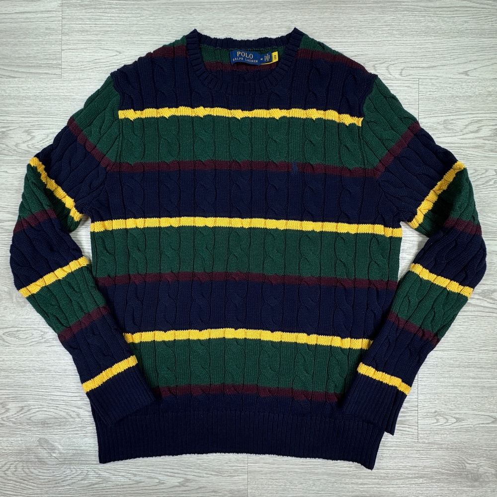 Polo Ralph Lauren Mens Cable Knit Striped Crewneck Sweater Cotton Medium